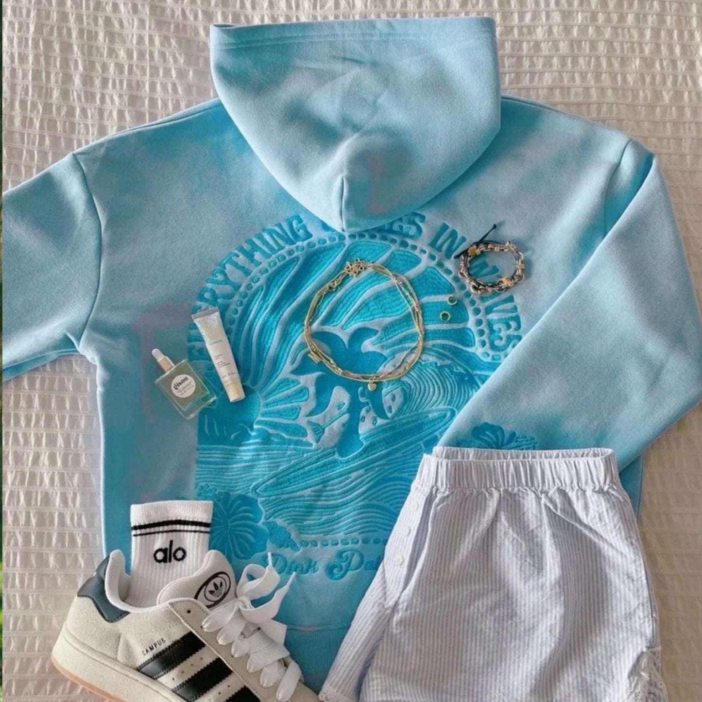 Embroidered Pink Palm Puff Everything Comes in Waves Oversized Hoodie