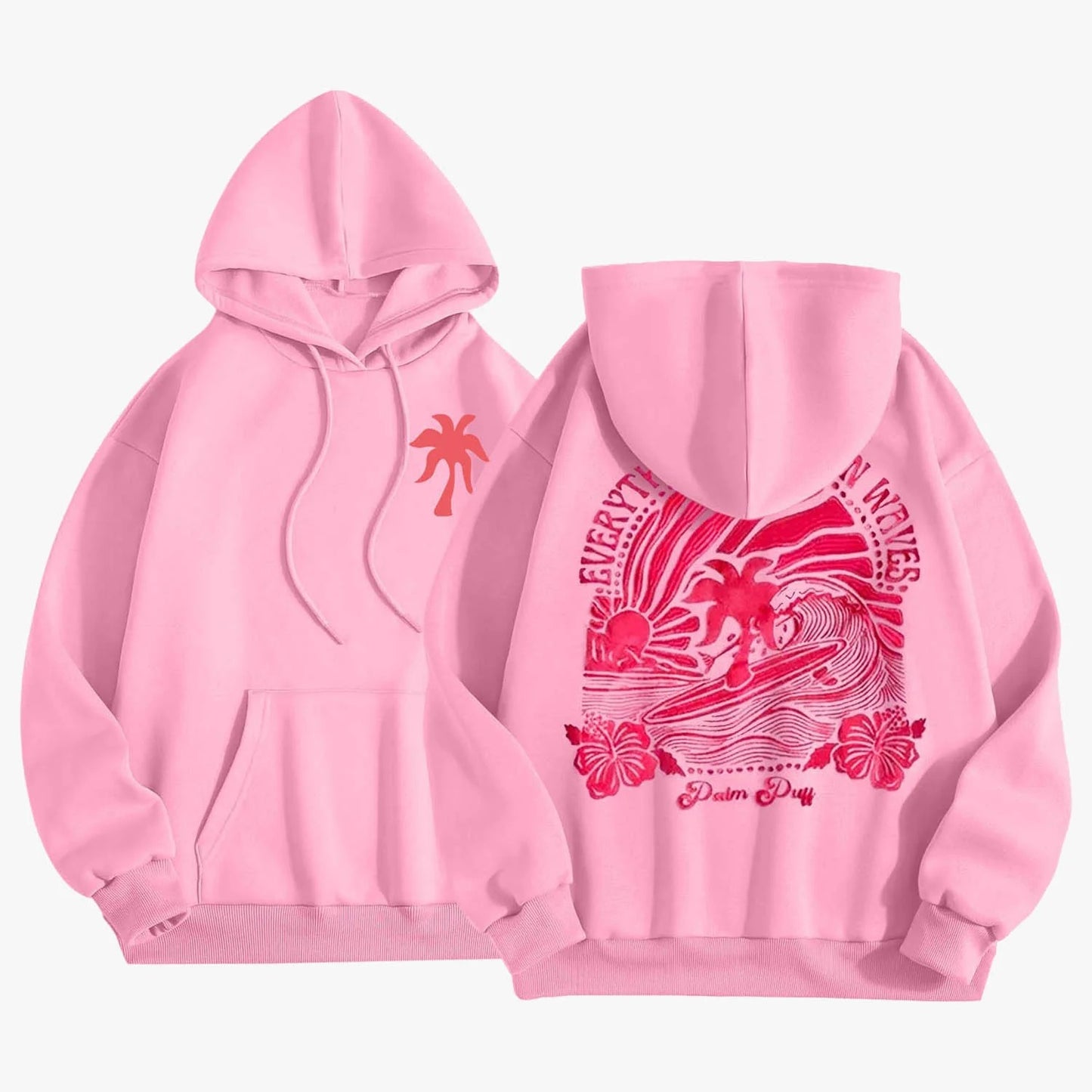 Pink Palm Puff Everything Comes in Waves Oversized Graphic Hoodie