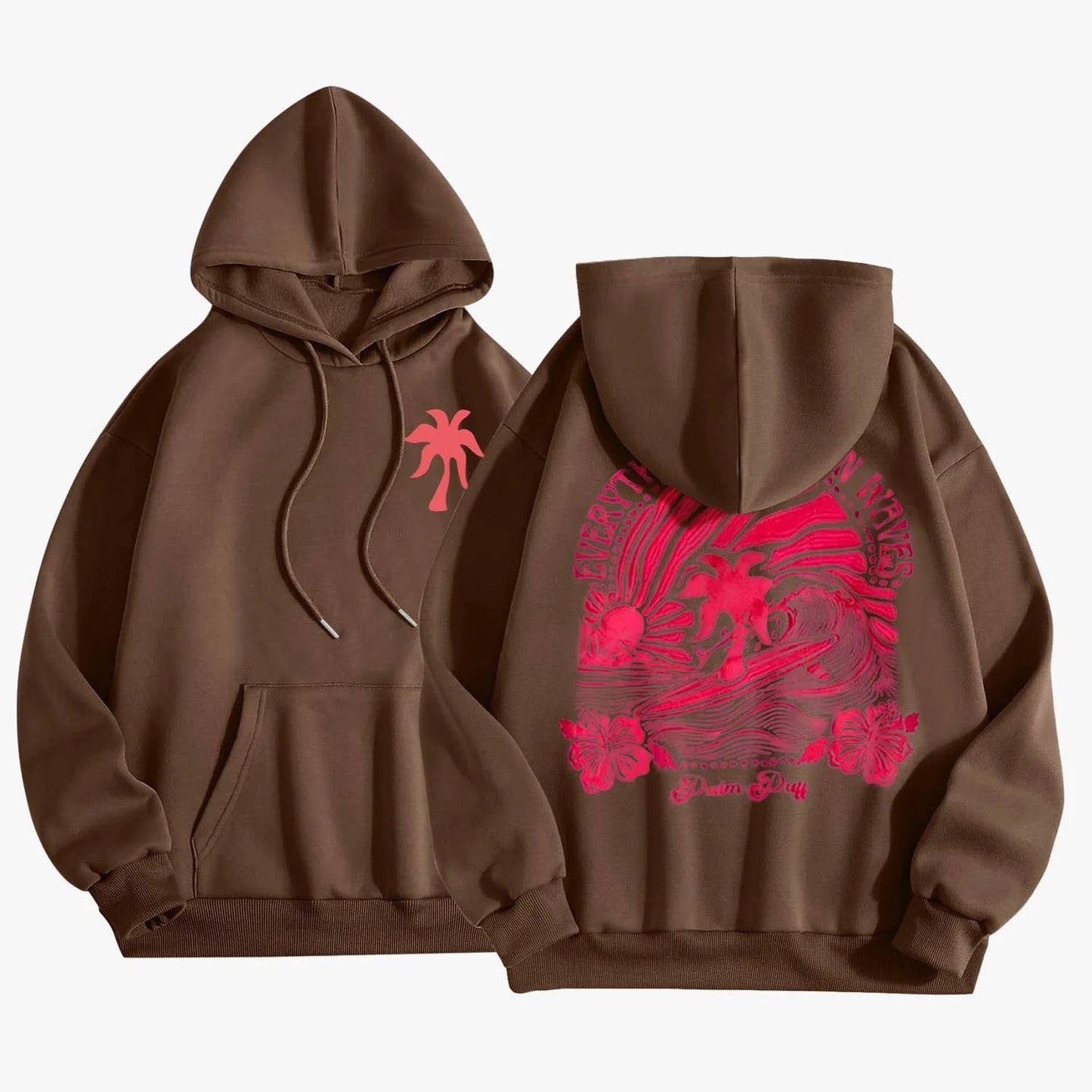 Pink Palm Puff Everything Comes in Waves Oversized Graphic Hoodie