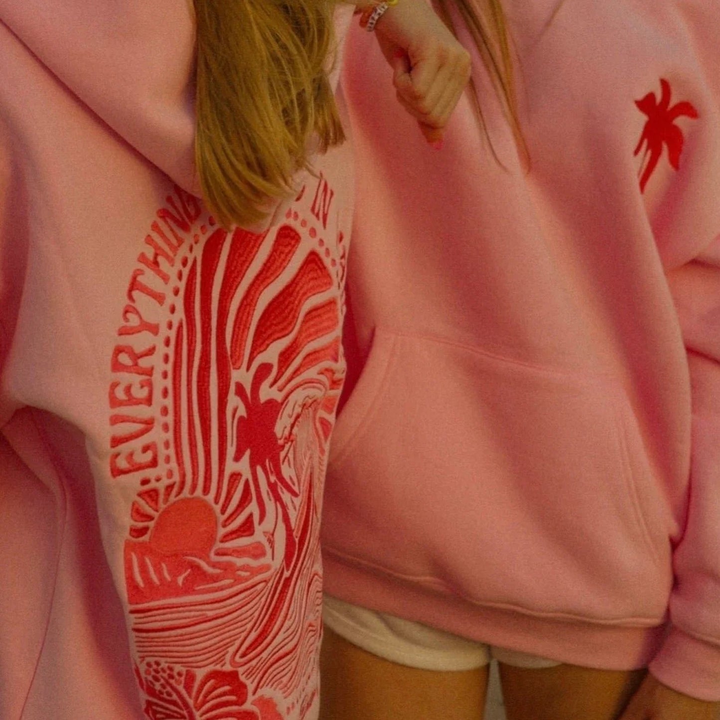 Embroidered Pink Palm Puff Everything Comes in Waves Oversized  Hoodie