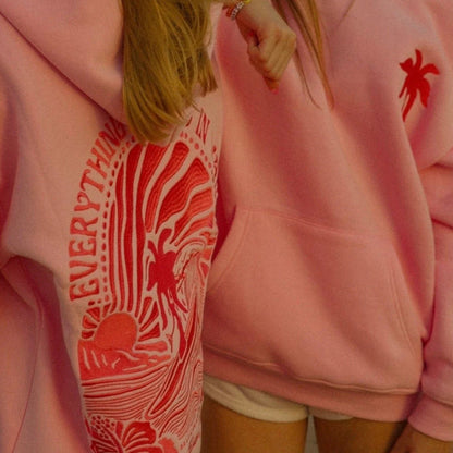 Embroidered Pink Palm Puff Everything Comes in Waves Oversized  Hoodie