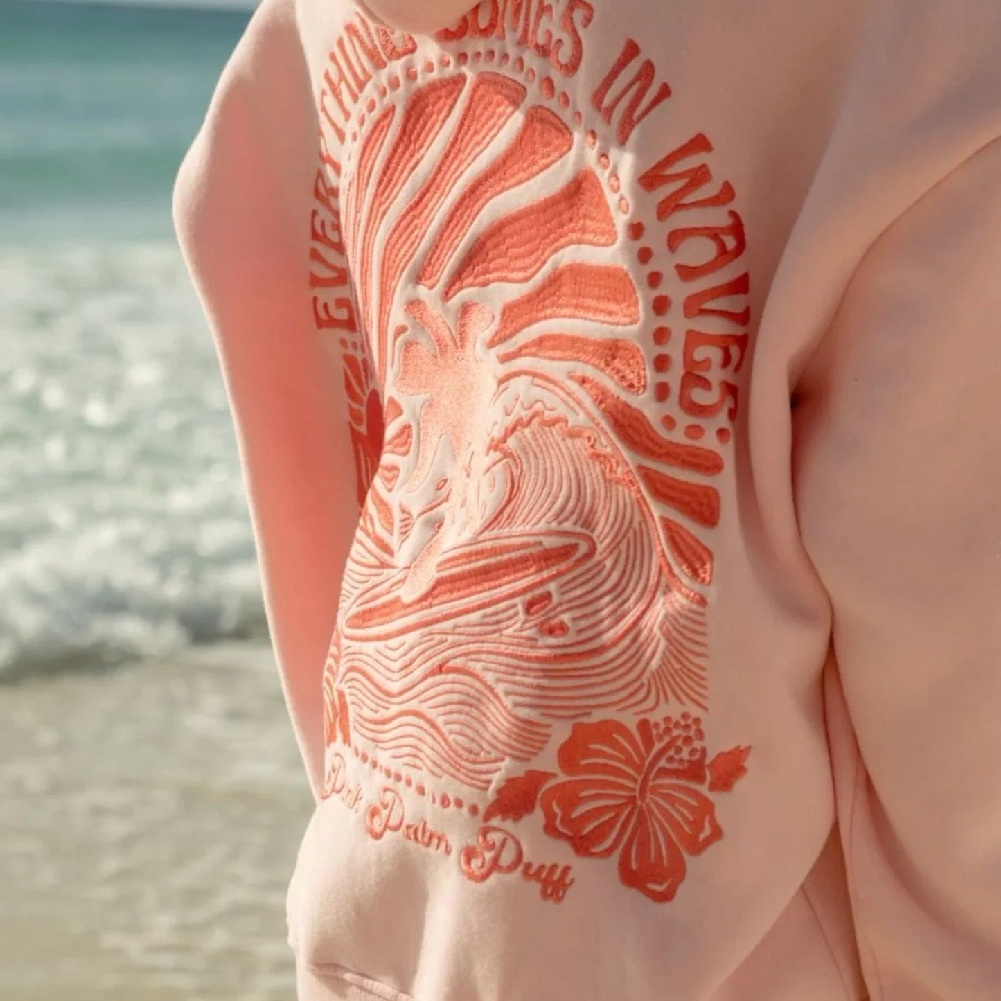 Embroidered Pink Palm Puff Everything Comes in Waves Oversized  Hoodie