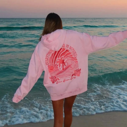 Embroidered Pink Palm Puff Everything Comes in Waves Oversized  Hoodie
