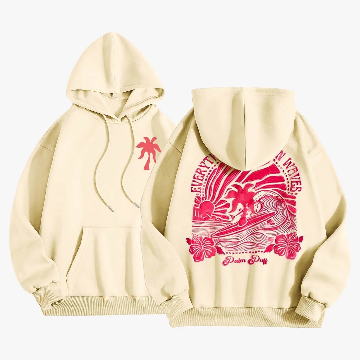 Pink Palm Puff Everything Comes in Waves Oversized Graphic Hoodie