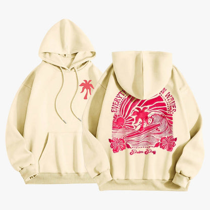 Pink Palm Puff Everything Comes in Waves Oversized Graphic Hoodie