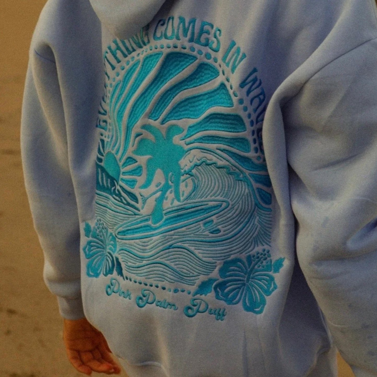 Embroidered Pink Palm Puff Everything Comes in Waves Oversized  Hoodie