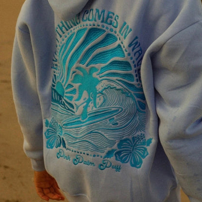 Embroidered Pink Palm Puff Everything Comes in Waves Oversized  Hoodie