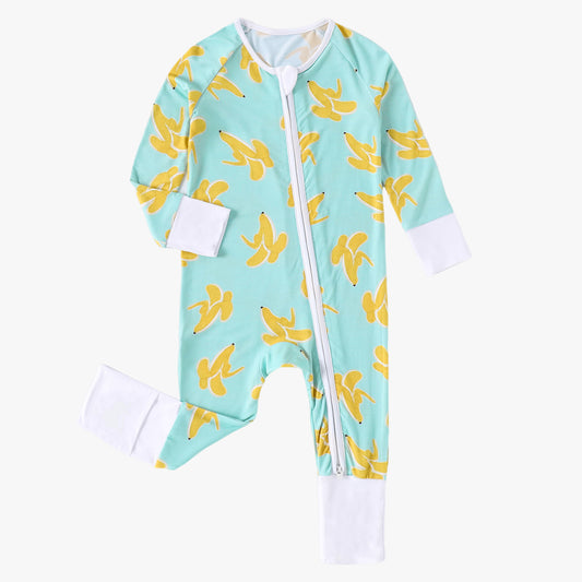 Baby Bamboo Pajamas Convertible Zipper Footie Pajamas Romper Banana Print