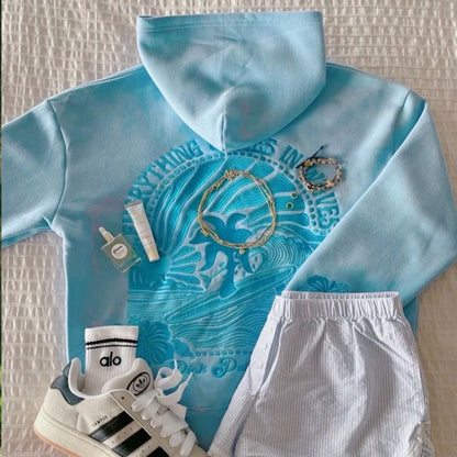 Embroidered Pink Palm Puff Everything Comes in Waves Oversized  Hoodie