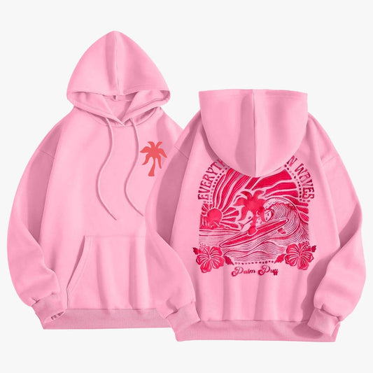 Pink Palm Puff Everything Comes in Waves Oversized Graphic Hoodie