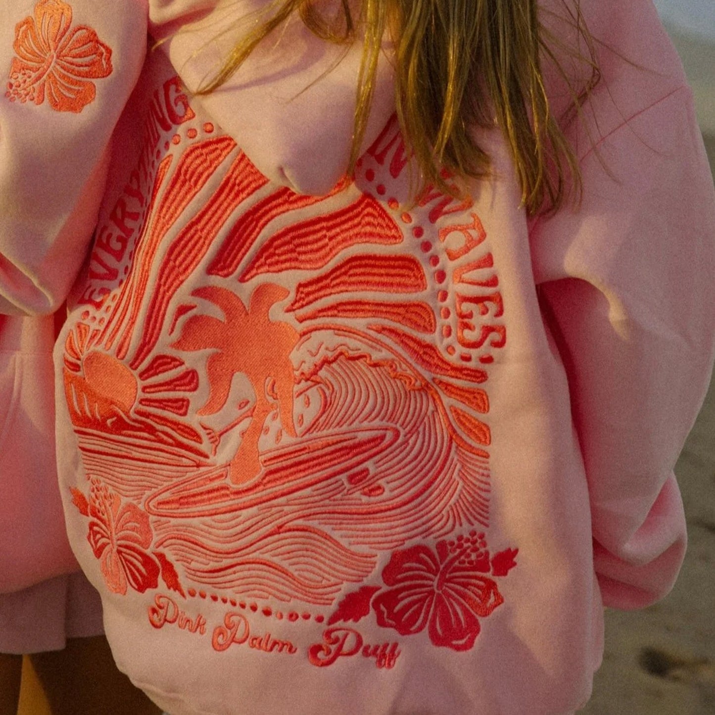 Embroidered Pink Palm Puff Everything Comes in Waves Oversized  Hoodie