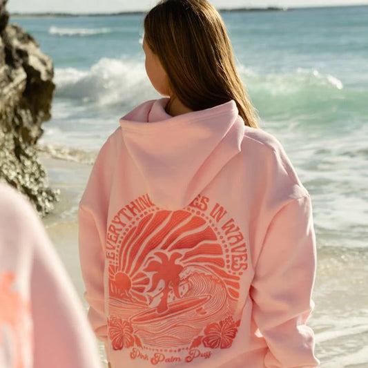 Embroidered Pink Palm Puff Everything Comes in Waves Oversized  Hoodie