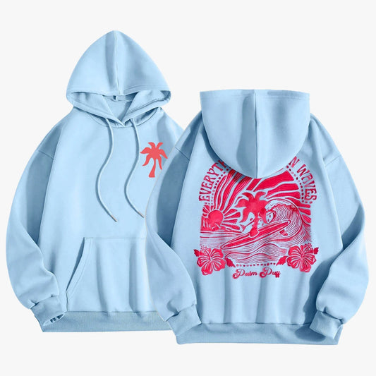 Pink Palm Puff Everything Comes in Waves Oversized Graphic Hoodie