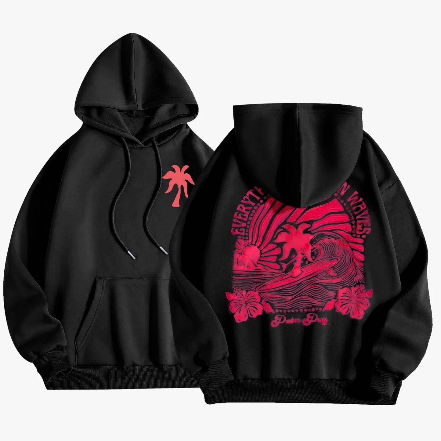 Pink Palm Puff Everything Comes in Waves Oversized Graphic Hoodie