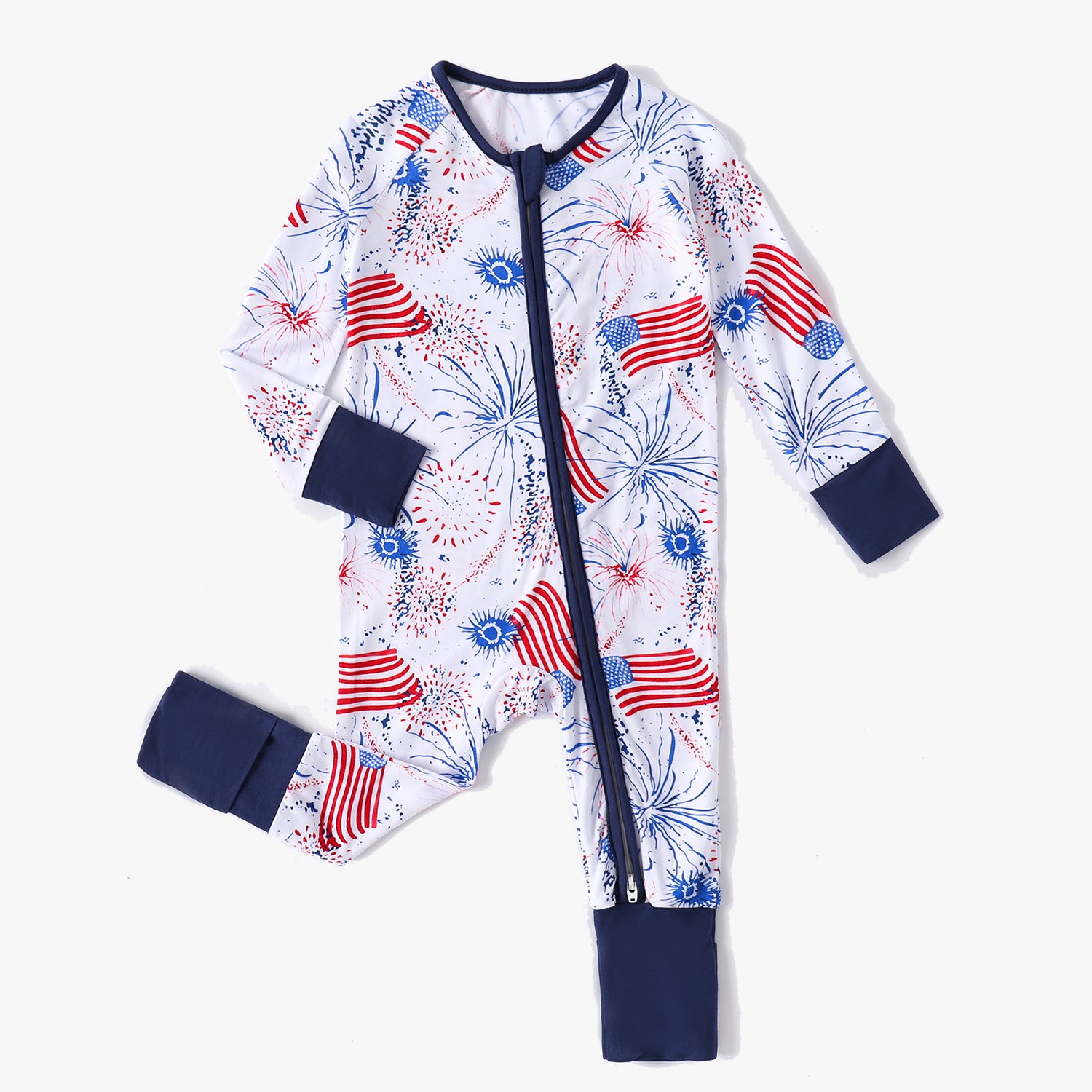 Lenygoods Baby Bamboo Pajamas Convertible Zipper Footie Pajamas Romper American Flag Print