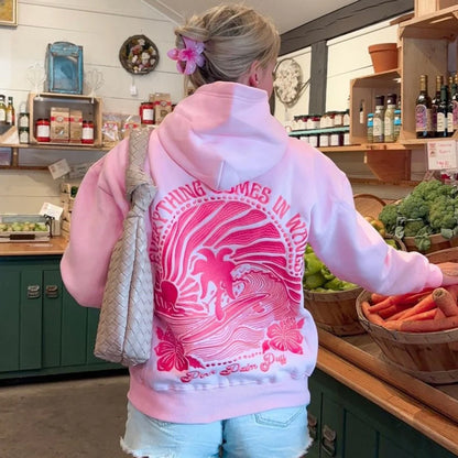 Embroidered Pink Palm Puff Everything Comes in Waves Oversized  Hoodie
